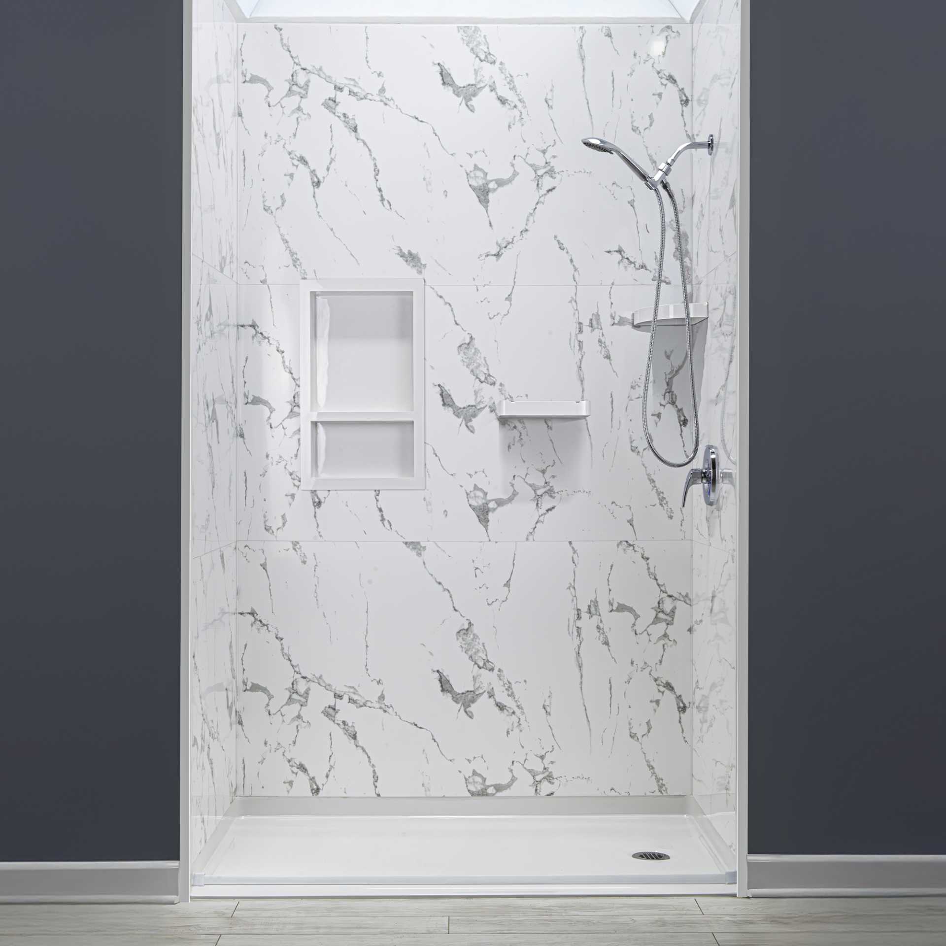 50% de descuento en el revestimiento acrílico de pared de ducha de 9 piezas de 91,4 cm x 152,4 cm x 243,8 cm - Acrylic Shower Wall Surround 9 Piece shelf niche |