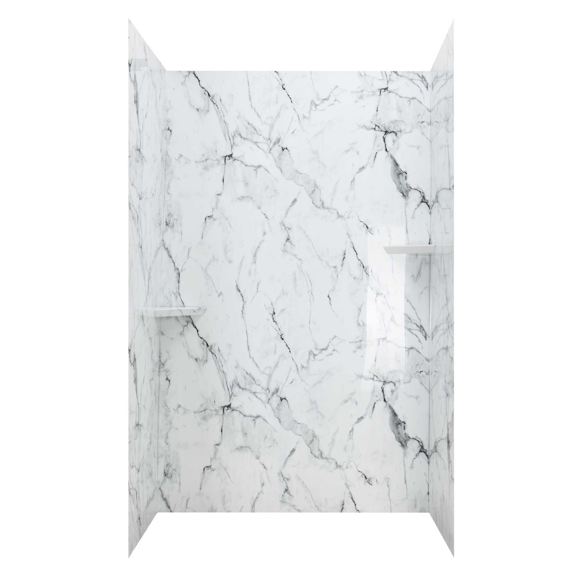Artic Vein Calacatta, Kit de ducha acrílico de 3 paneles para pared de 40″ x 60″ x 98". - Artic Vein calcatta corner shelves |
