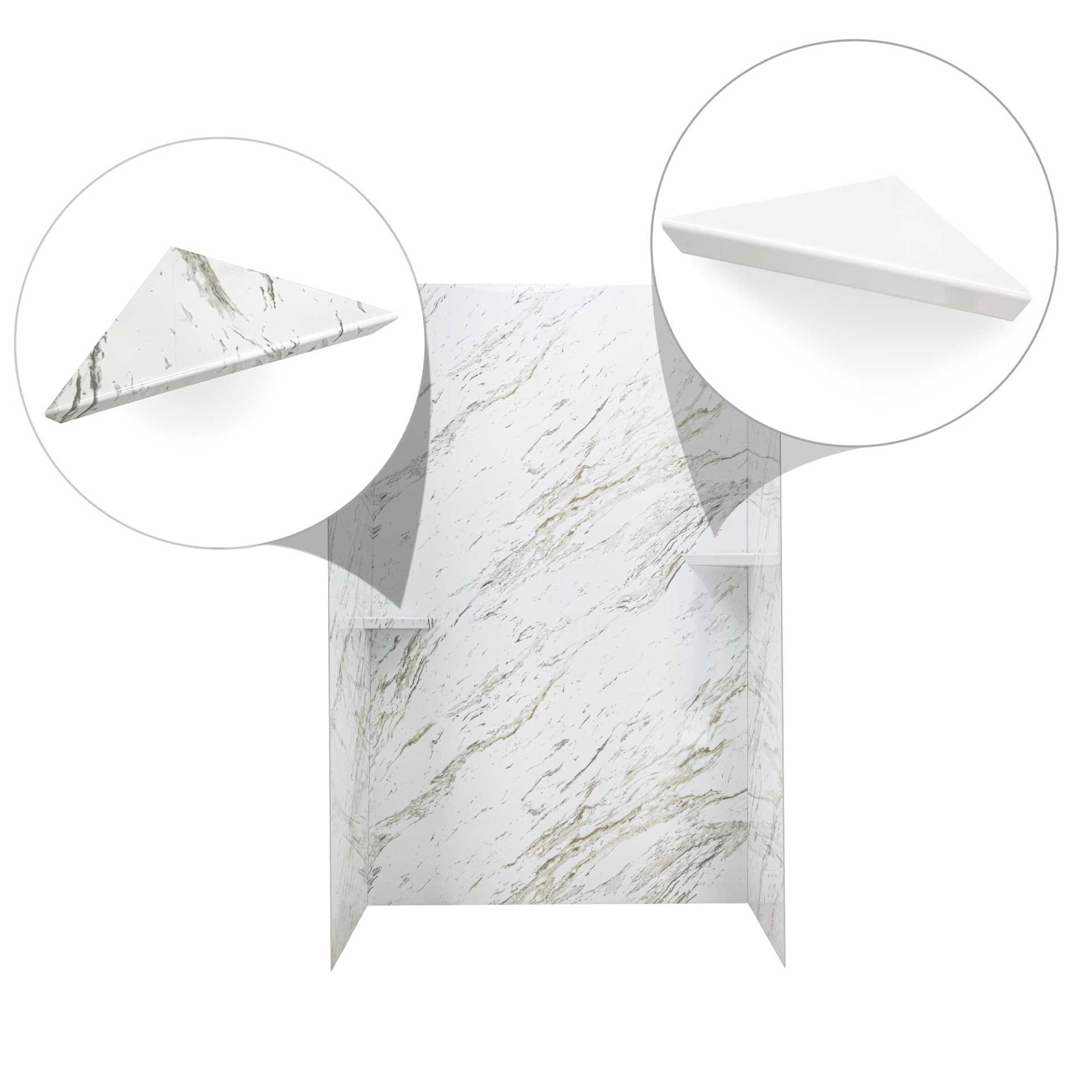 Vintage Calacatta, Kit de ducha acrílico de 3 paneles para pared de 40″ x 60″ x 98″. - vintage calacatta shower shelves shampoo soap bathroom |