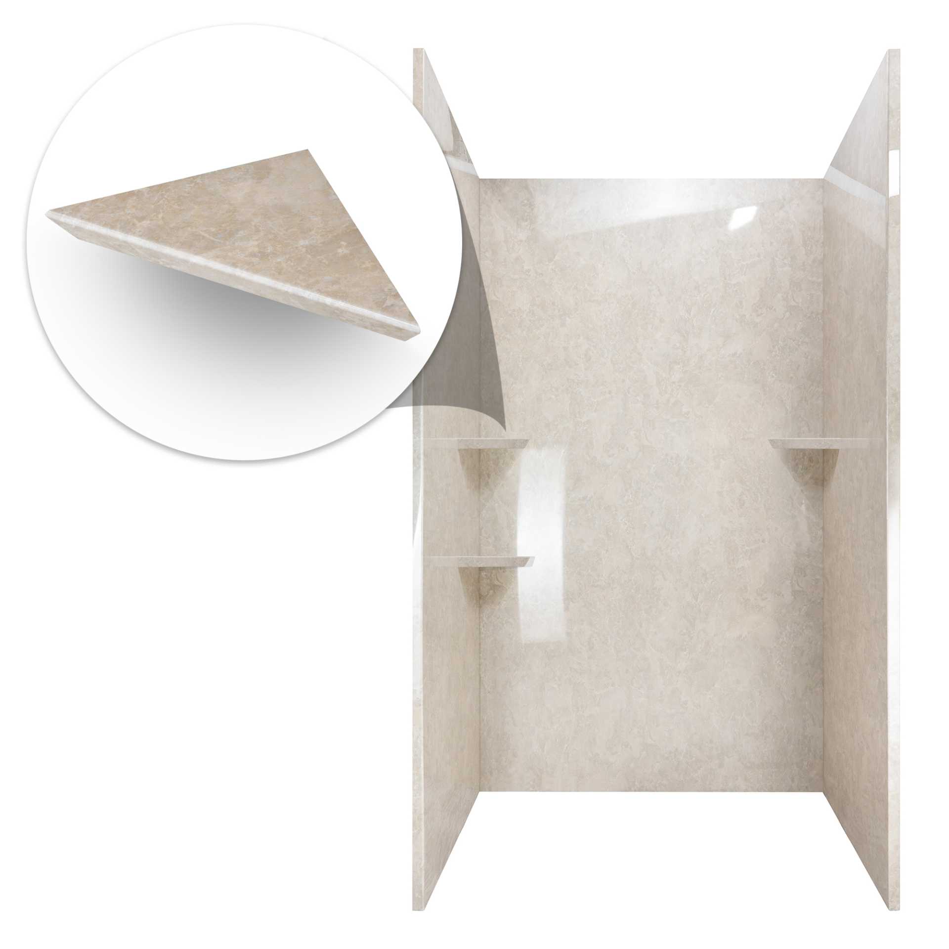Piedra arenisca, Kit de ducha acrílico de 3 paneles 40″ x 60″ x 98″ para pared envolvente - sandstone acrylic panel shower wall bend and shelves |