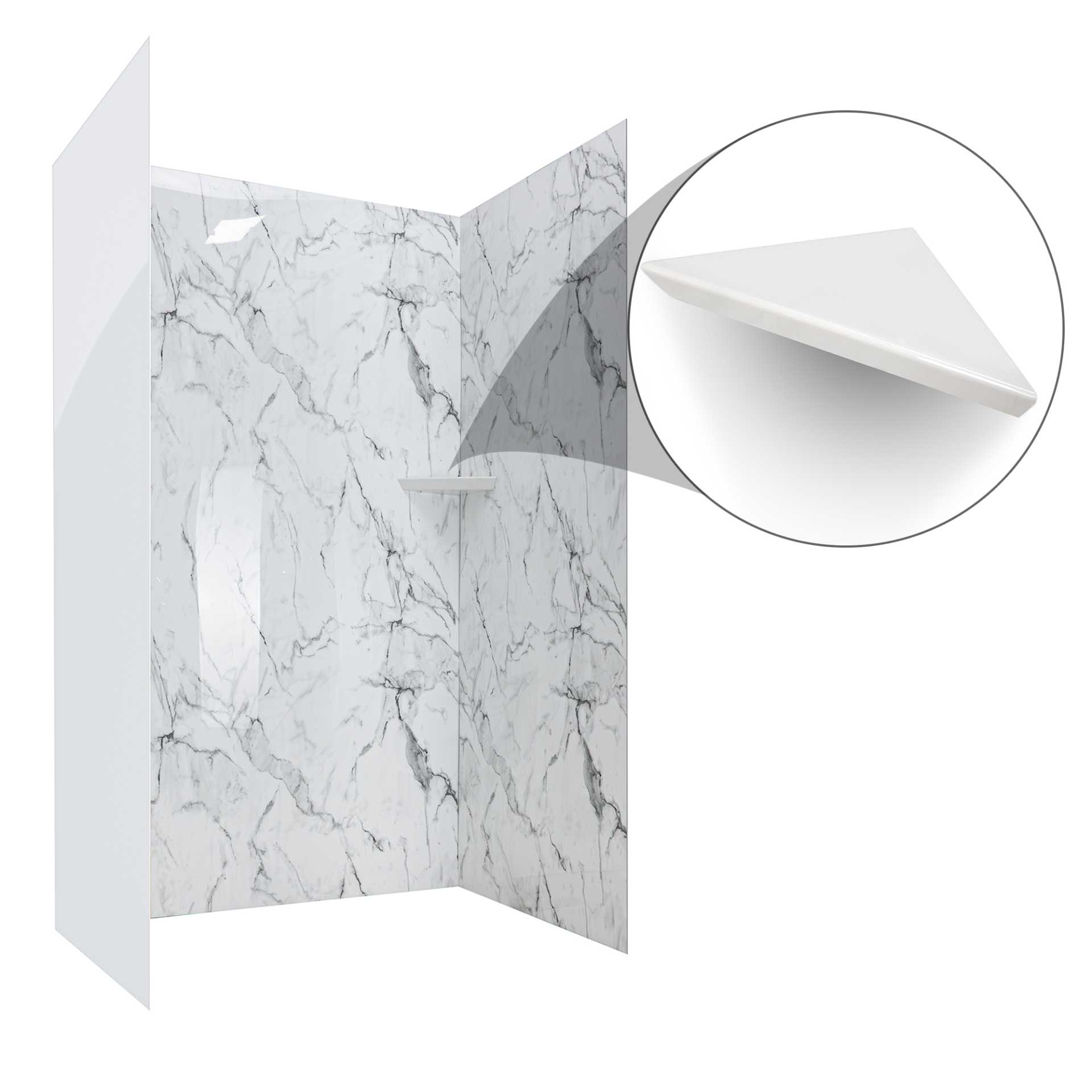 Artic Vein Calacatta, Kit de ducha acrílico de 3 paneles para pared de 40″ x 60″ x 98". - Artic Vein calcatta corner bathroom acrylic shelf |