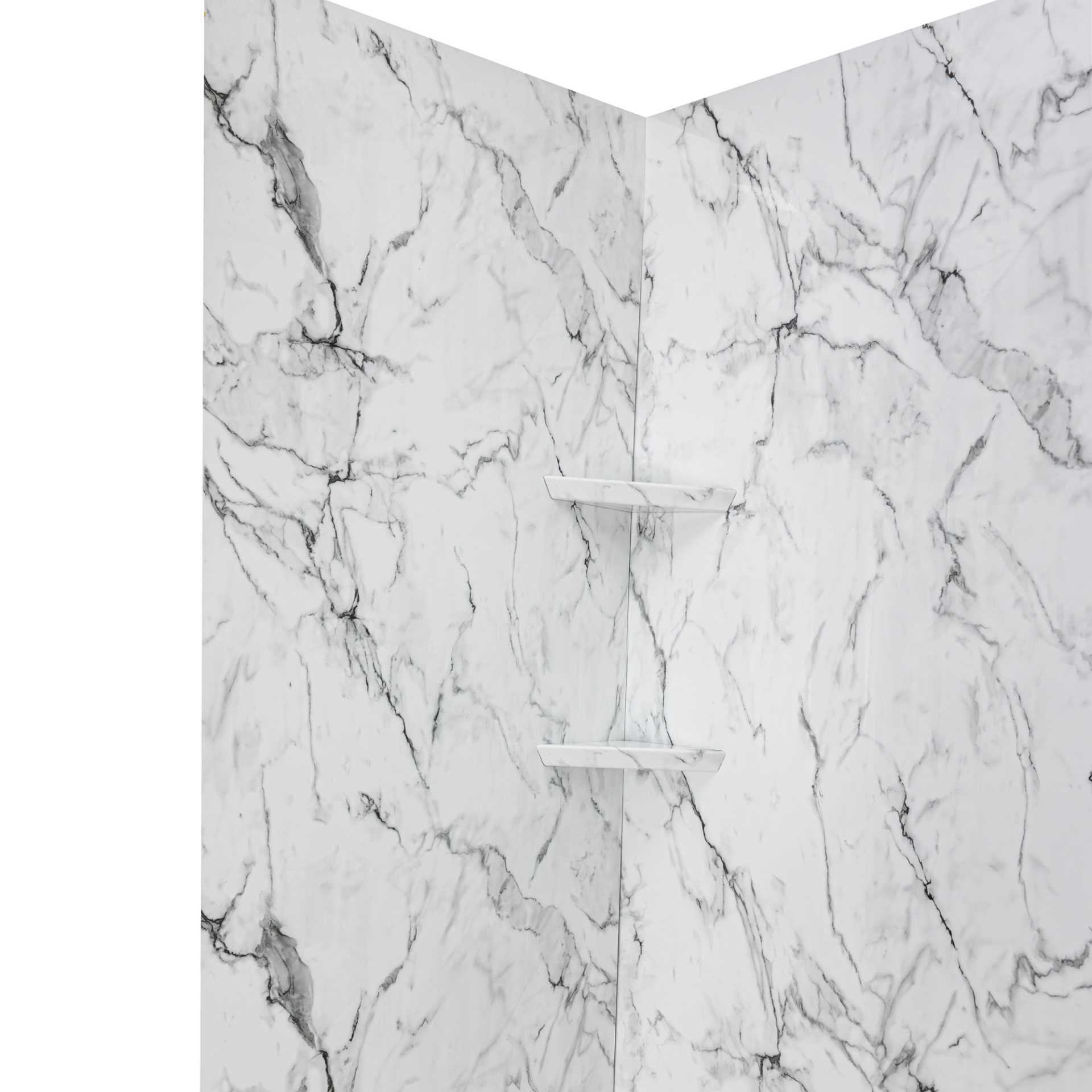 Artic Vein Calacatta, Kit de ducha acrílico de 3 paneles para pared de 40″ x 60″ x 98". - Artic Vein calcatta corner acrylic shelves bathroom |