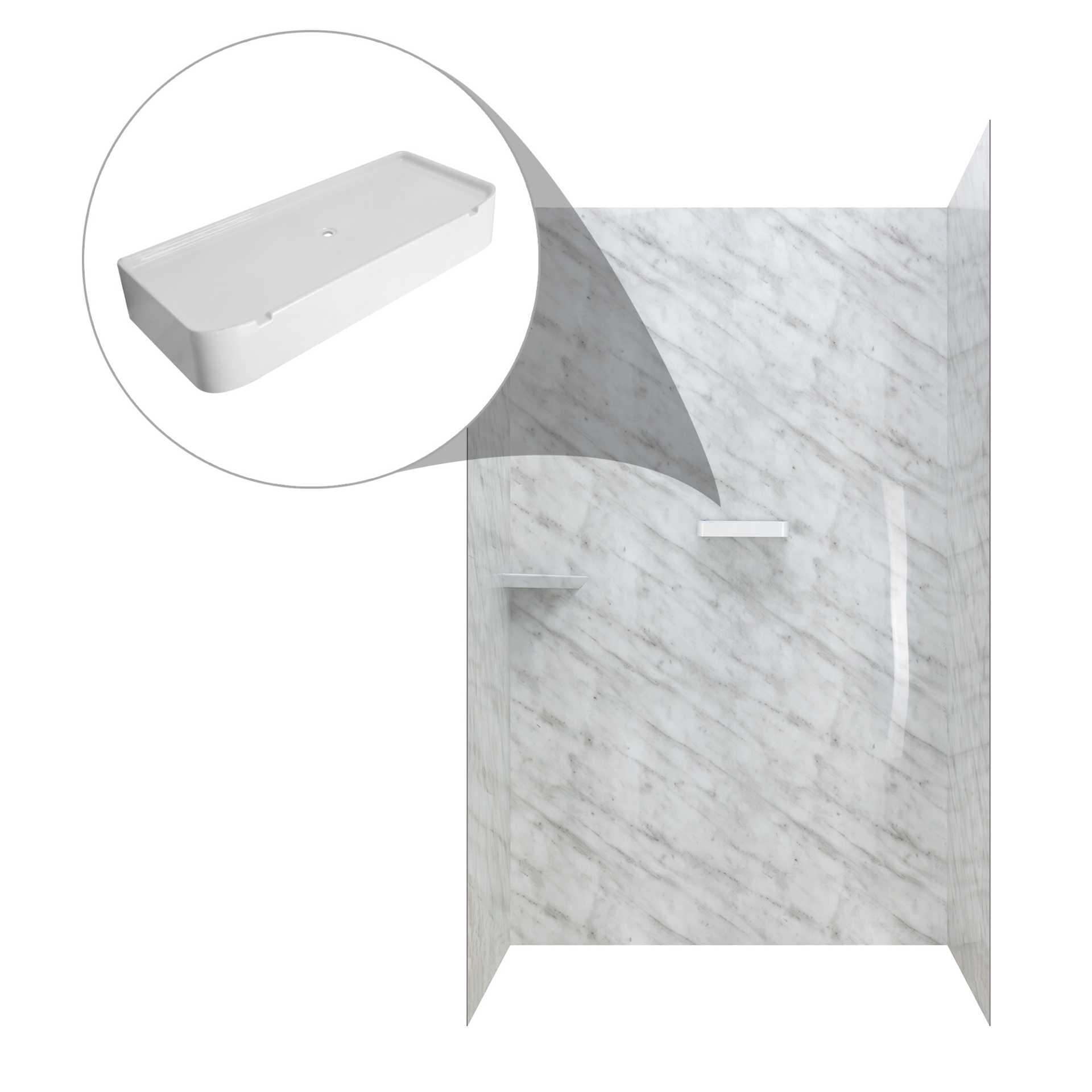 Mármol de Carrara, kit de ducha acrílico de 3 paneles 40″ x 60″ x 98″ - carrara marble acrylic 3 panel shower wall white shelf accessories |