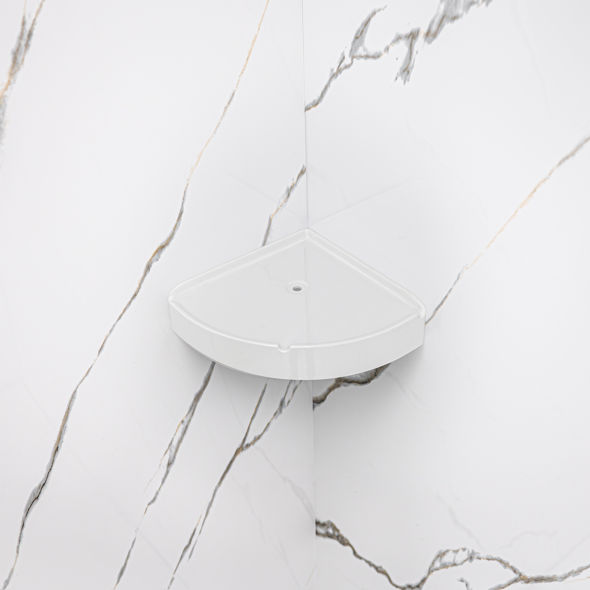 Calacatta Gold, Kit de ducha acrílico de 3 paneles para pared de 40″ x 60″ x 98″. - Calacatta Gold Acrylic Rounded Shower Shelf |