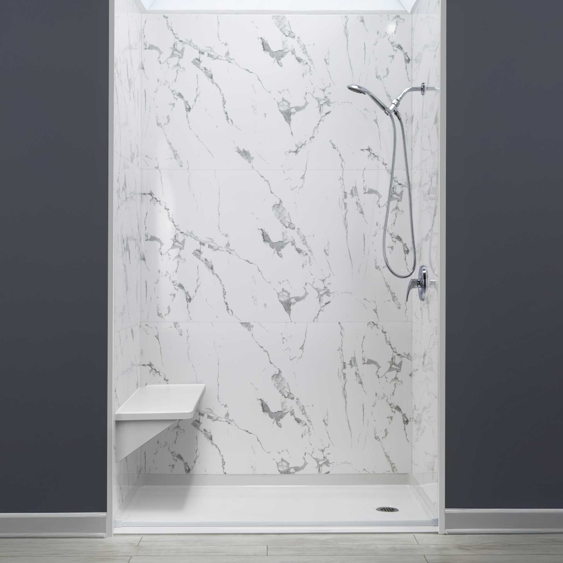 50% de descuento en el revestimiento acrílico de pared de ducha de 9 piezas de 91,4 cm x 152,4 cm x 243,8 cm - Acrylic Shower Wall Surround 9 Piece corner seat |